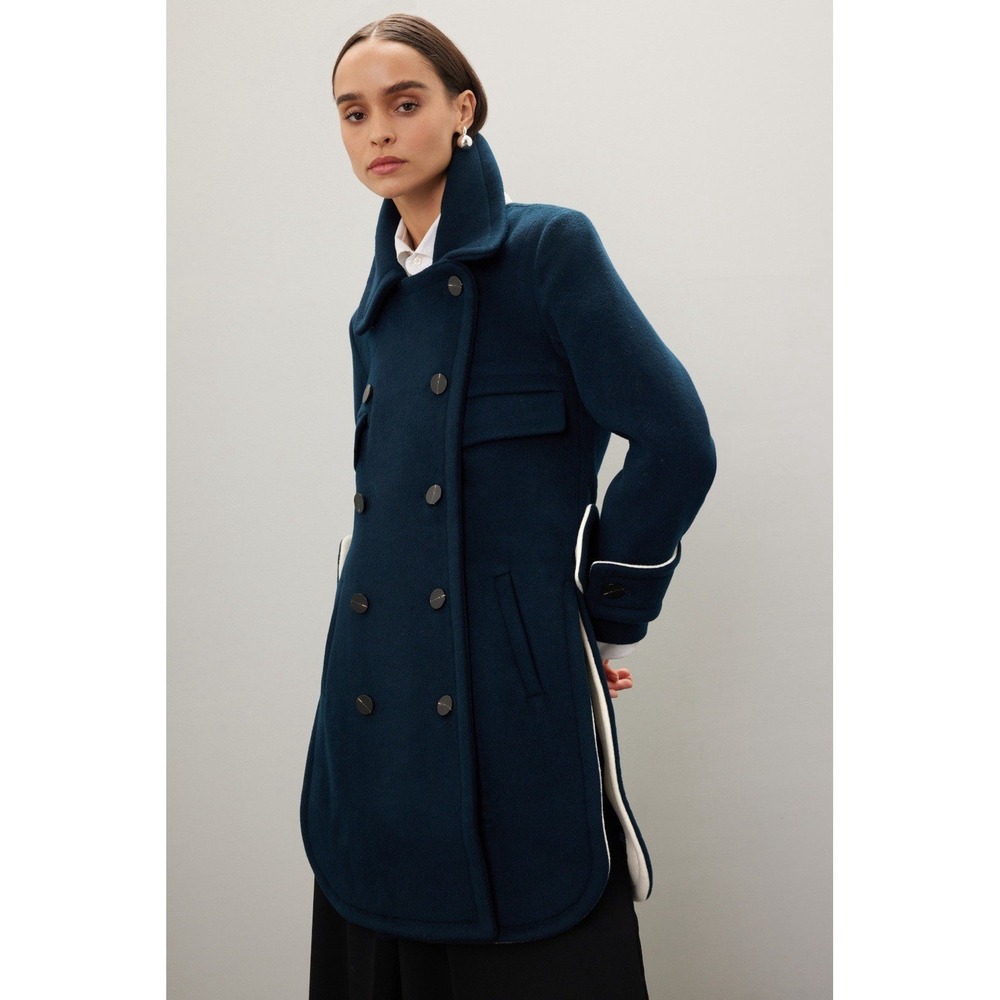 Eudon Choi Collective Wool Trench Coat Double Breasted Sz14 Emerald Blue & White